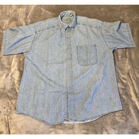 JOHNNY COTTON Mens Large Made in the USA Short Sleeve Button Down Blue Shirt - Picture 1 of 8